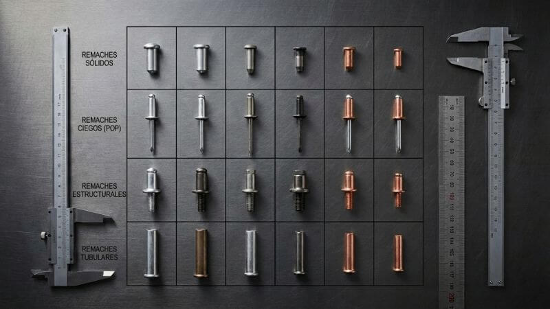 Comparativa visual de los principales tipos de remaches industriales: macizos, ciegos, estructurales y tubulares sobre superficie metálica