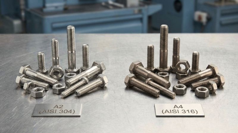 Comparación visual entre tornillería A2 (AISI 304) y A4 (AISI 316) en acero inoxidable mostrando diferencias de acabado