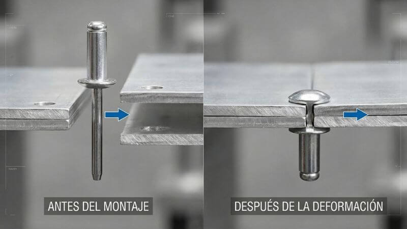 Ilustración técnica del proceso de remachado mostrando la deformación mecánica del remache para crear una unión permanente