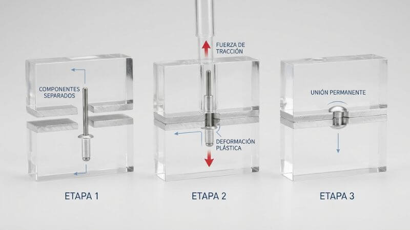 Demostración técnica del proceso de remachado mostrando la deformación mecánica controlada que crea una unión permanente sin aplicación de calor