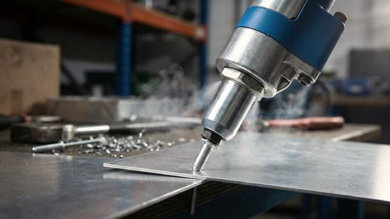 Proceso de instalación de remache ciego tipo POP con remachadora neumática en chapa metálica desde un solo lado