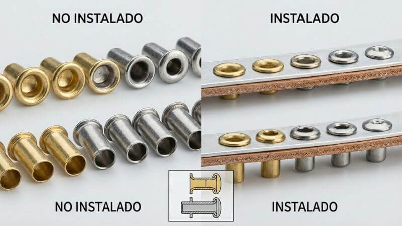 Comparativa macro de remaches tubulares y semitubulares mostrando la cavidad interna característica de estos tipos