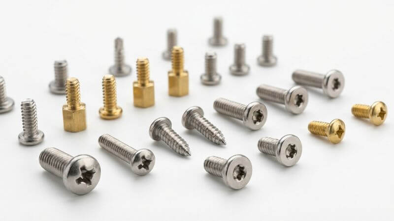 Diferentes tipos de tornillos de precisión para electrónica incluyendo tornillos métricos pequeños y autorroscantes
