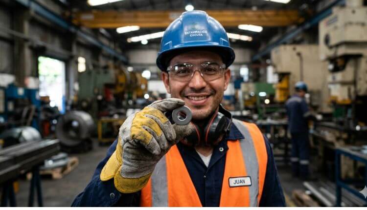 worker holding a washer in his hand<br>